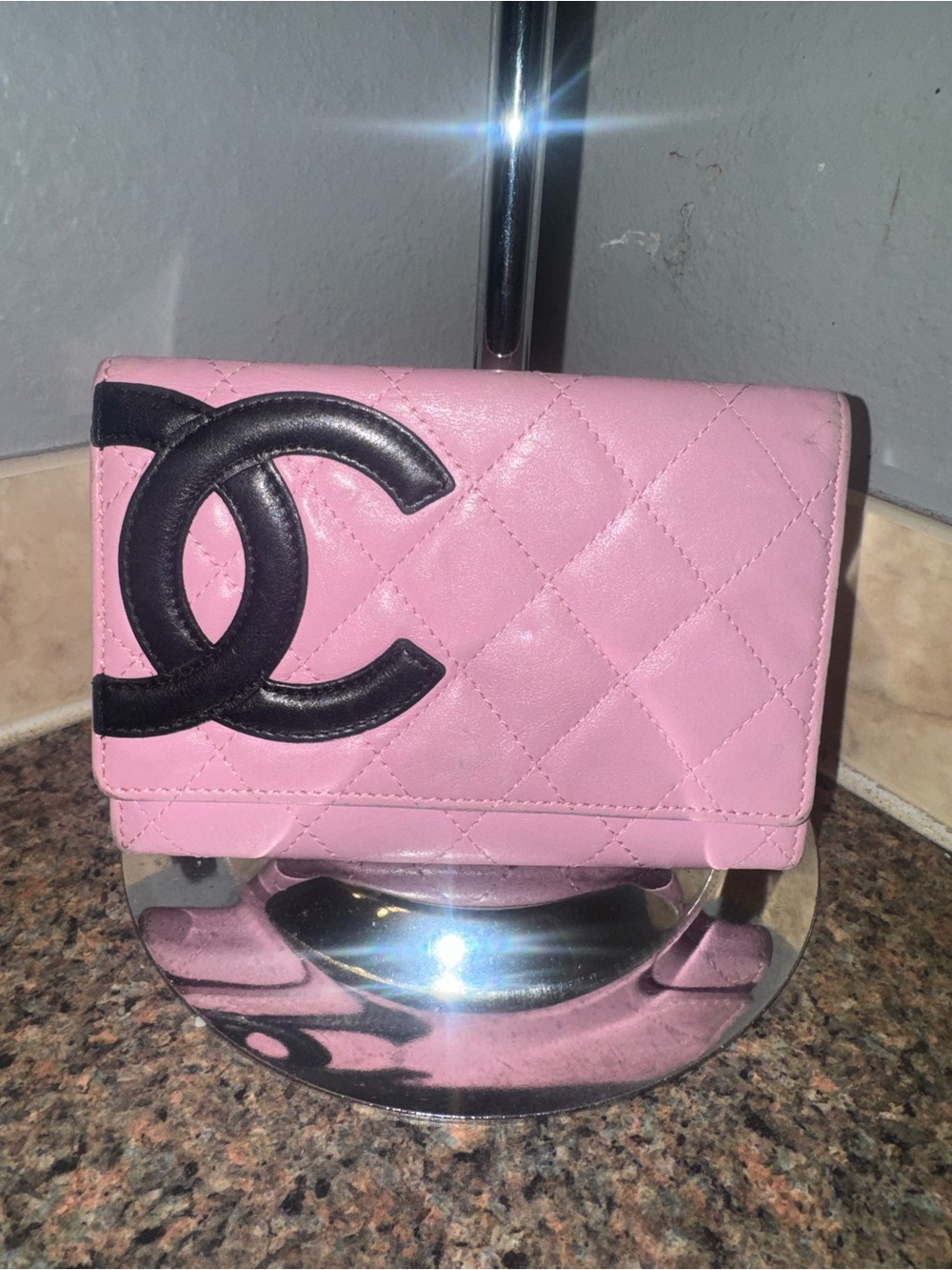 Chanel Cambon💕🖤Quilted Long Flap Wallet Pink Black ✅COA Included✅